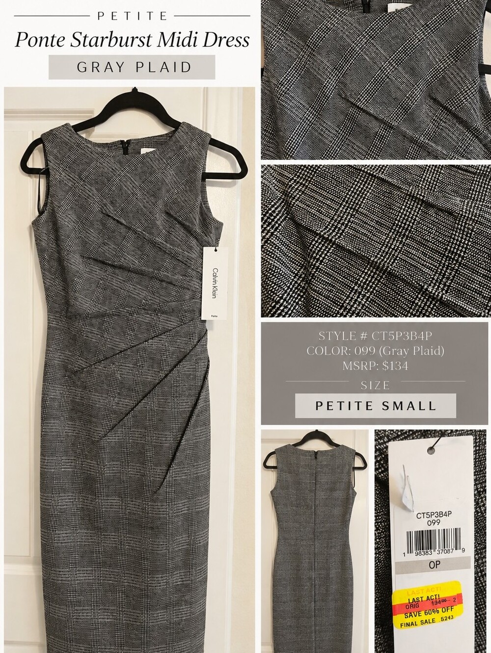 NWT Calvin Klein Gray Plaid Ponte Starburst Midi Dress